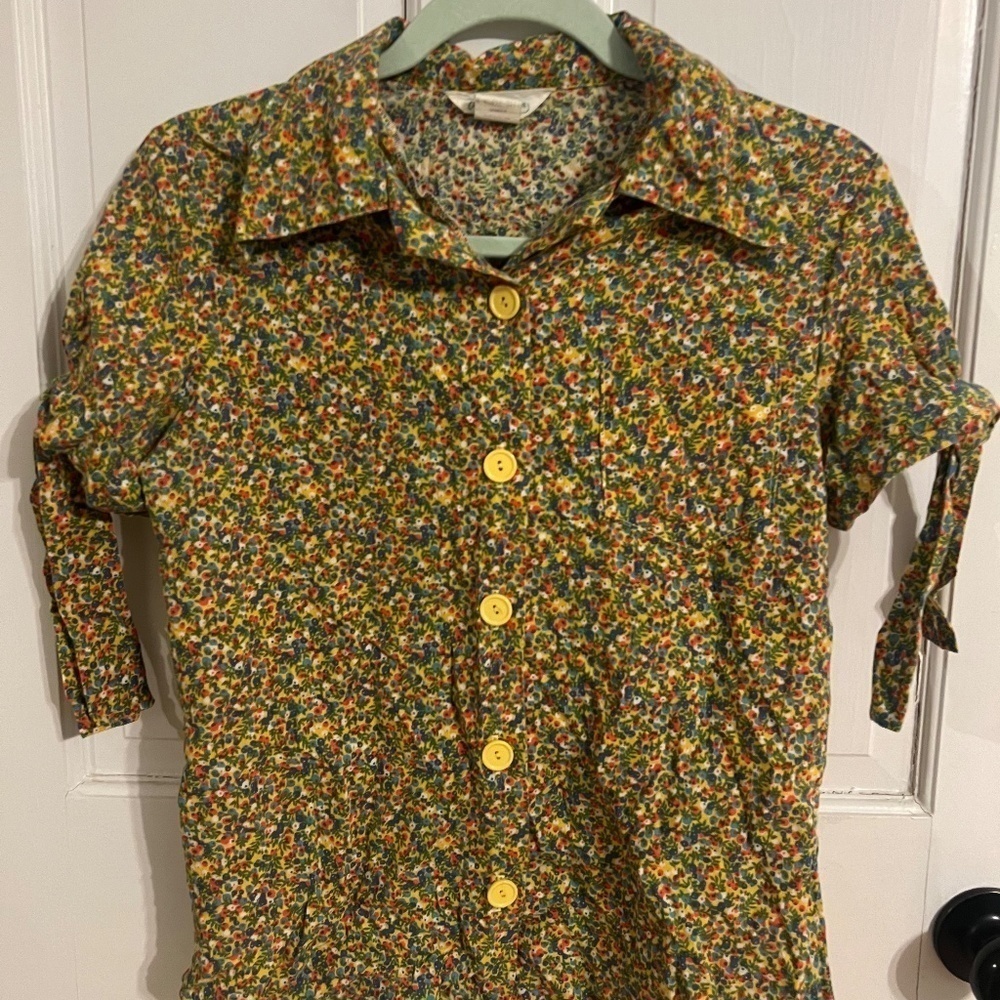 Vintage 70s Sears JR Bazaar Top Juniors 7 Yellow Green Retro Mod Blouse - Picture 3 of 10